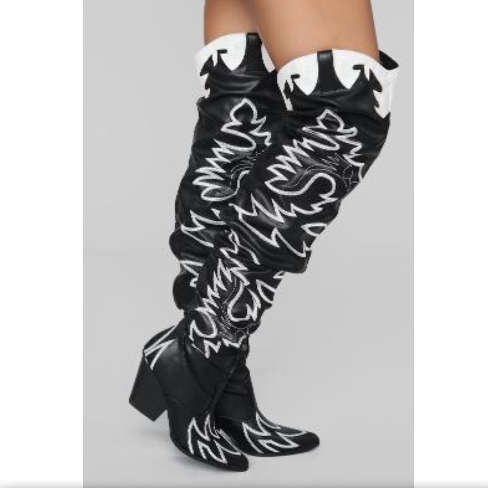 Women's Black & White Embroidered Over-the-Knee Western Boots - Picture 2 of 7
